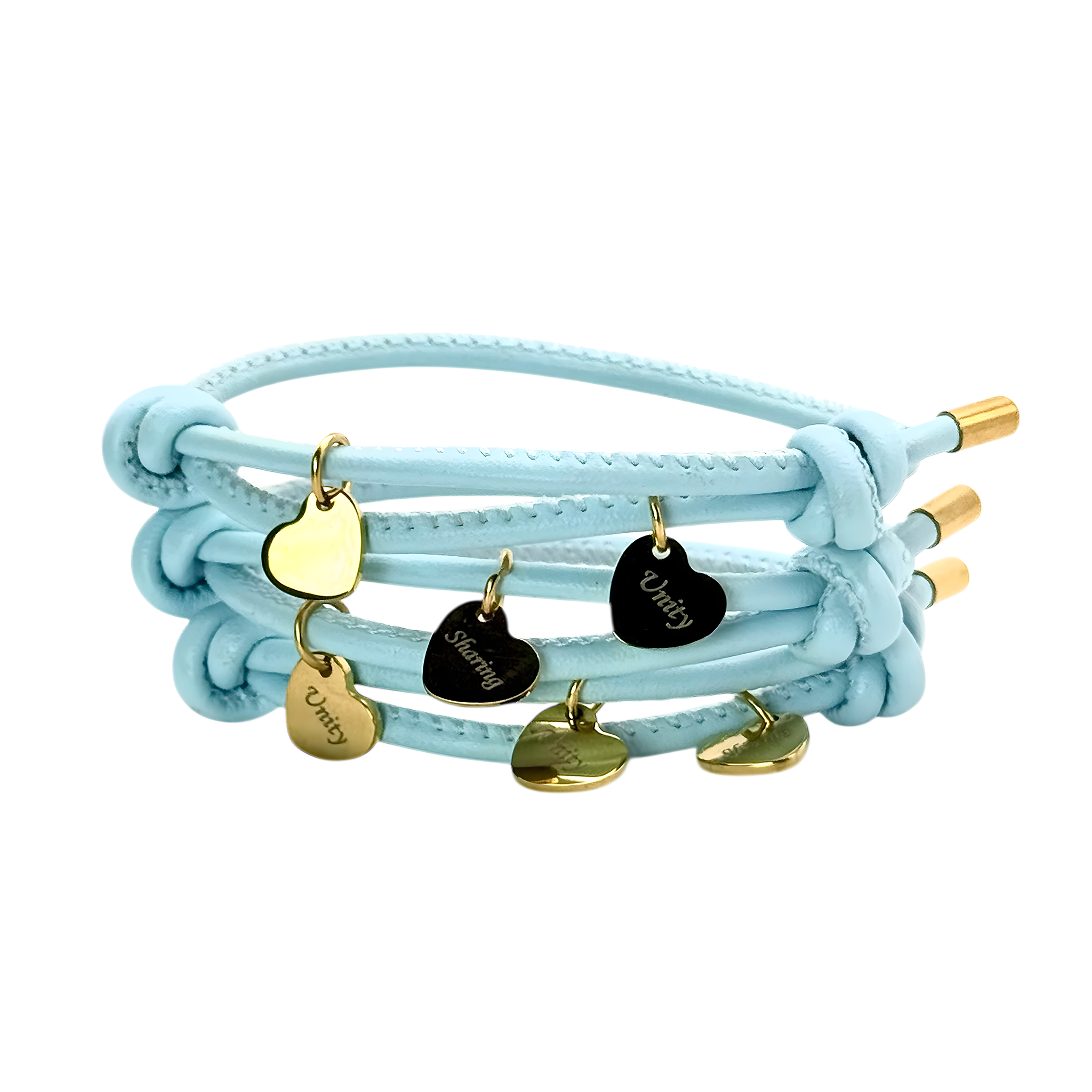 Blue leather wrap bracelet with silver heart charms engraved “Unity” and “Sharing” — lightweight and adjustable everyday accessory.