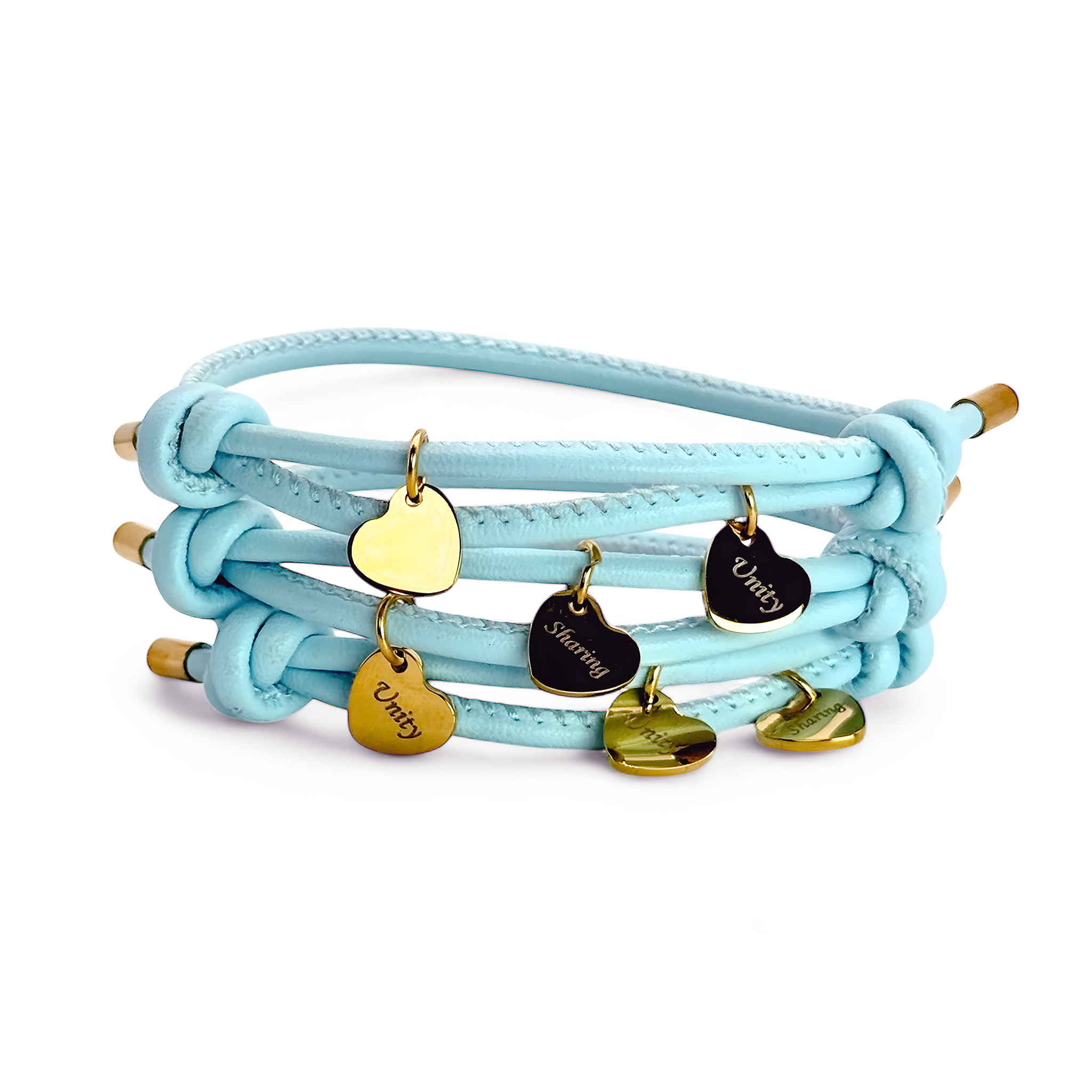 Blue leather wrap bracelet with silver heart charms engraved “Unity” and “Sharing” — lightweight and adjustable everyday accessory.