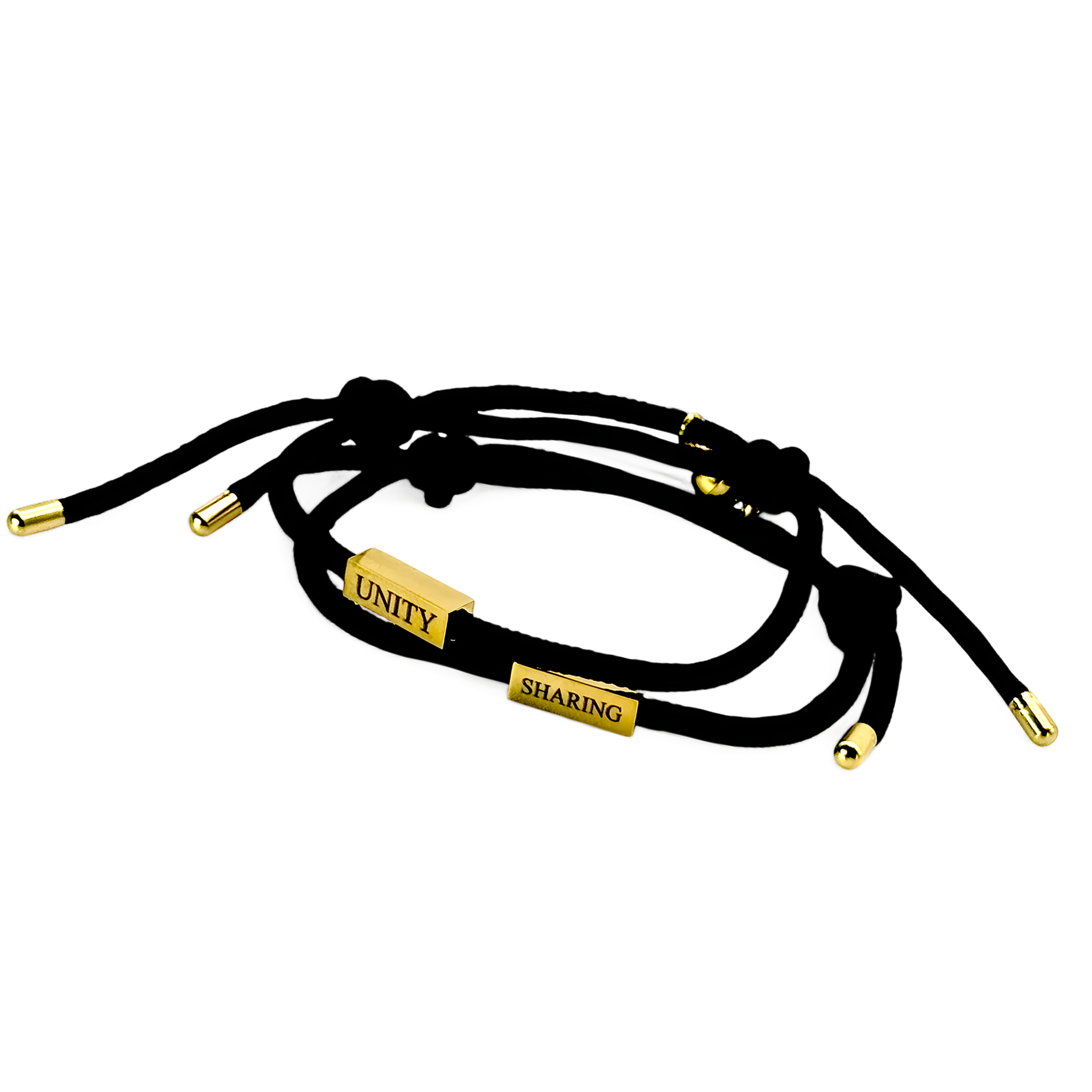 Black string bracelet with two gold engraved bars reading “UNITY” and “SHARING” — minimal and adjustable unisex accessory.
