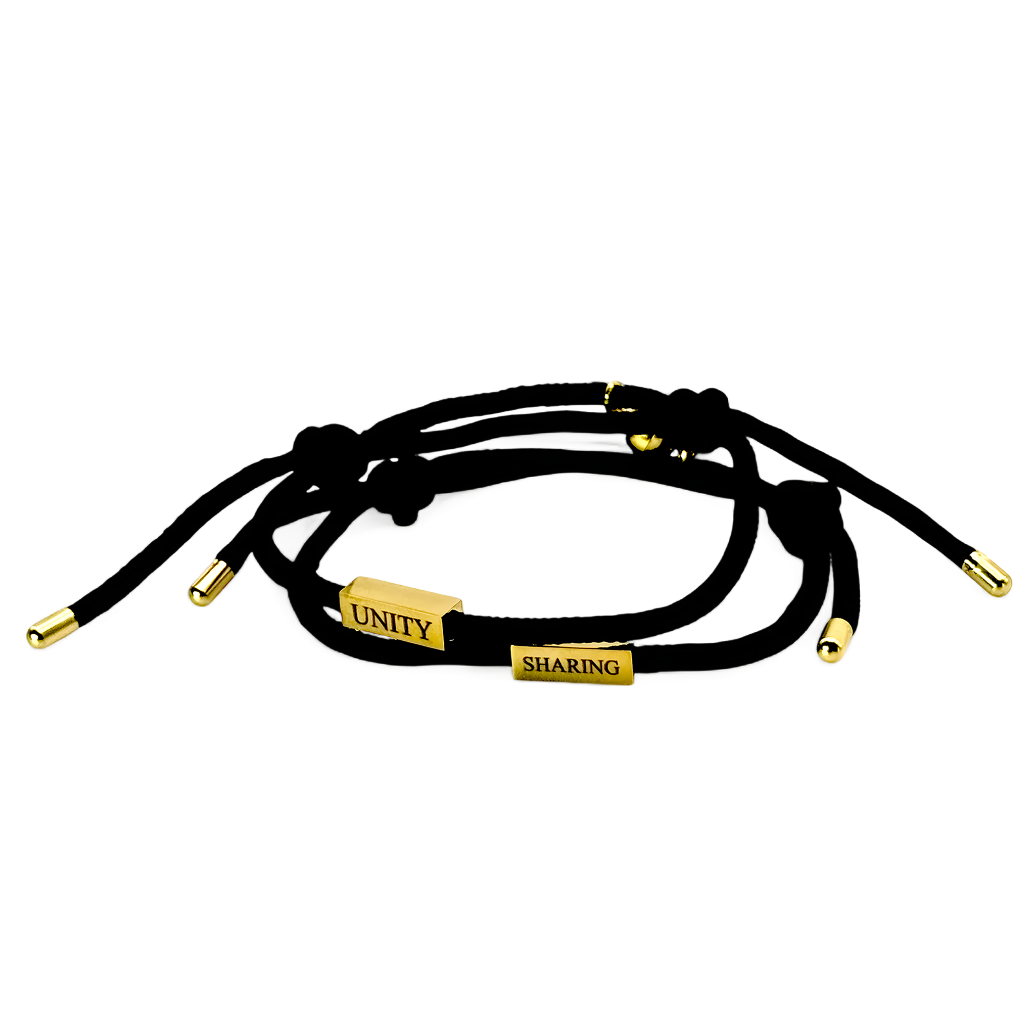 Black string bracelet with two gold engraved bars reading “UNITY” and “SHARING” — minimal and adjustable unisex accessory.
