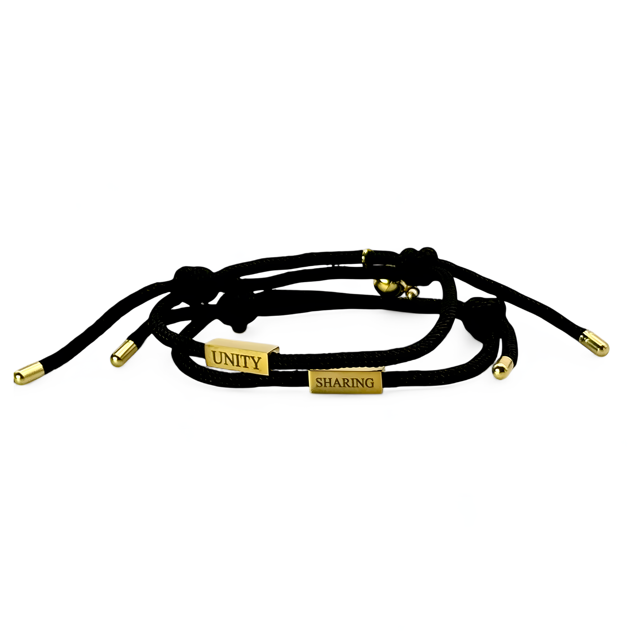 Black string bracelet with two gold engraved bars reading “UNITY” and “SHARING” — minimal and adjustable unisex accessory.
